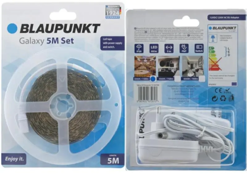 Zestaw Plug&Play - samoprzylepna taśma  led Blaupunkt długość 5m, 600diod, zasilacz, włącznik, barwa biała